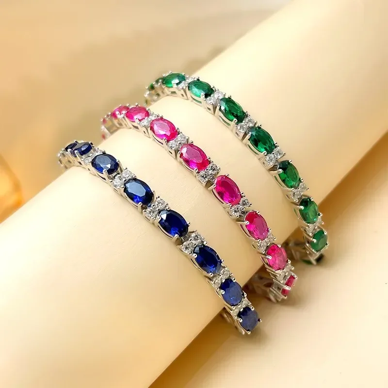 100% 925 Silver Bracelet Women's Vintage Red Diamond Sea Blue Treasure Bracelet Wedding Jewelry Wholesale