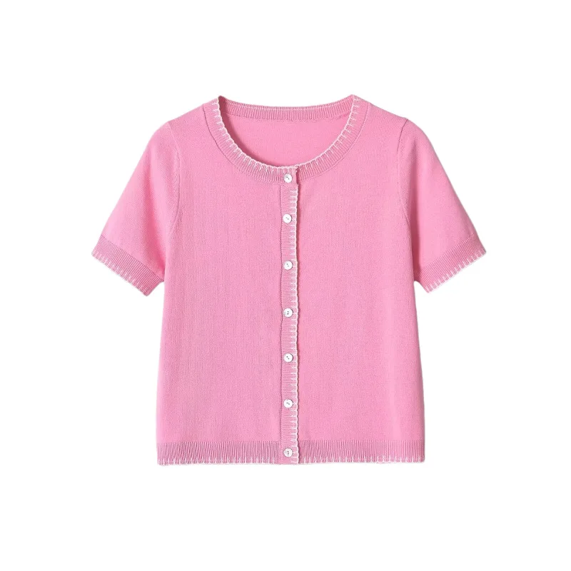 Withered Women's 2026 Summer New Product Round Neck Short Sleeve Fluorescent Pink Embroidered Knitted Shirt For Women