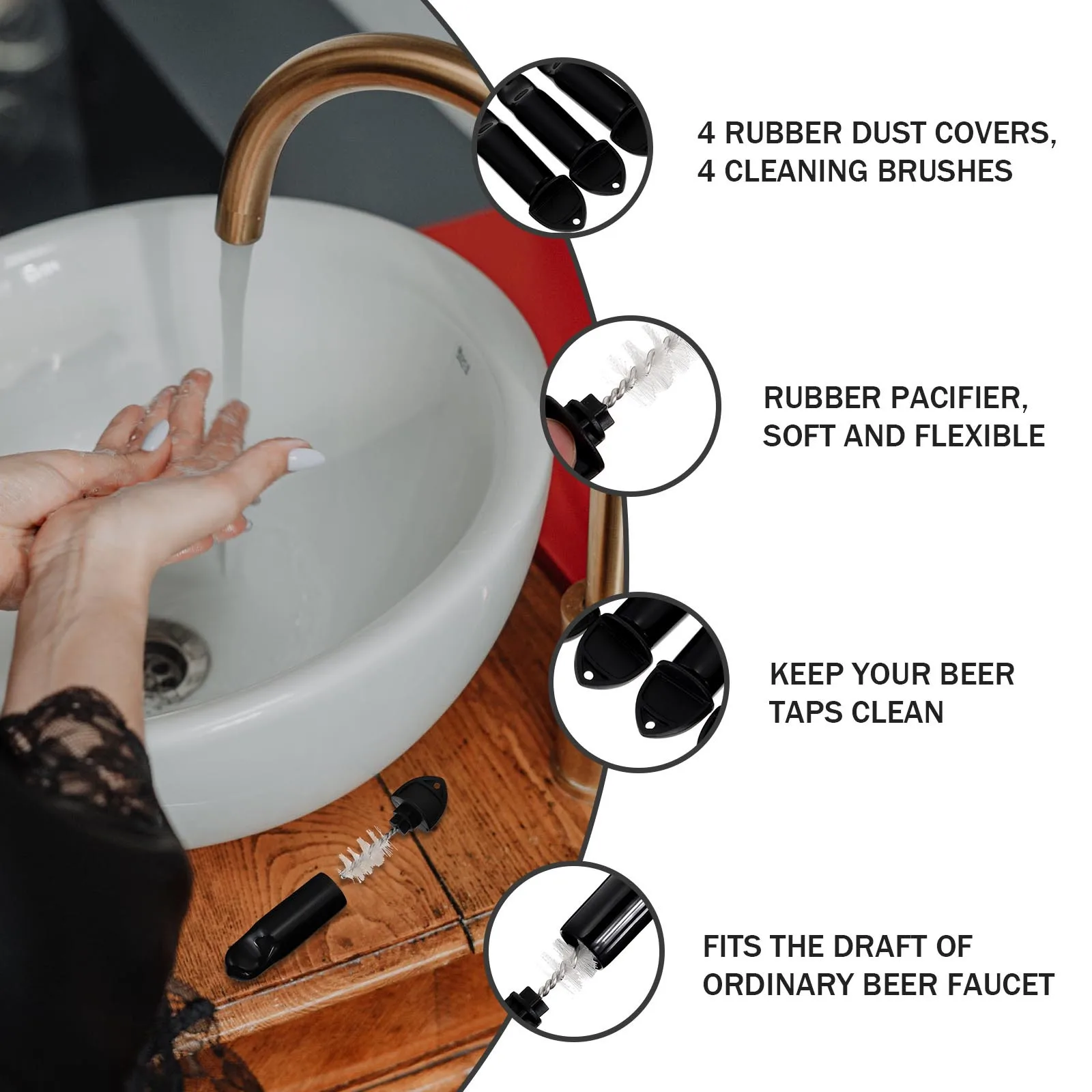 1 set Kit copertura rubinetto birra Tappi antipolvere in gomma Spazzole per pulizia per protezione rubinetto Strumenti per la pulizia rubinetto barile di birra nero