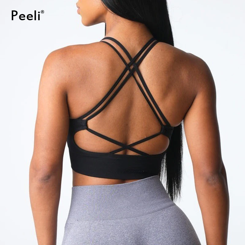 

Virtue Seamless Sports Bra Women Backless Gym Crop Top Medium Impact Padded Yoga Bras Strappy Push Up Fitness Brassiere Woman