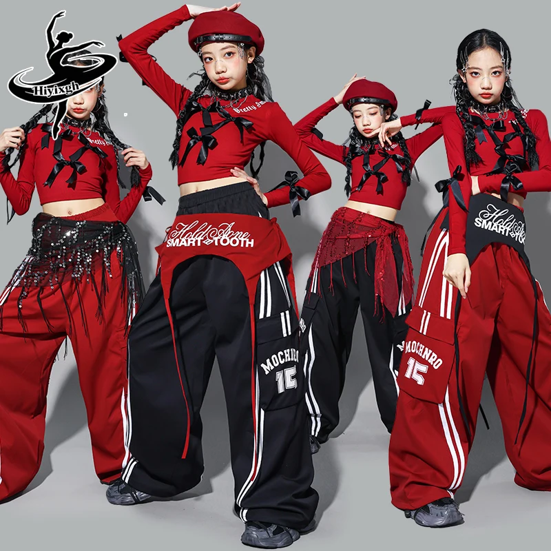 

Girls Hip Hop Red Bow Crop Sweatshirt Cargo Pants Child Street Dance Costume Kids K-pop Streetwear Jazz Girl Group Clothes Sets