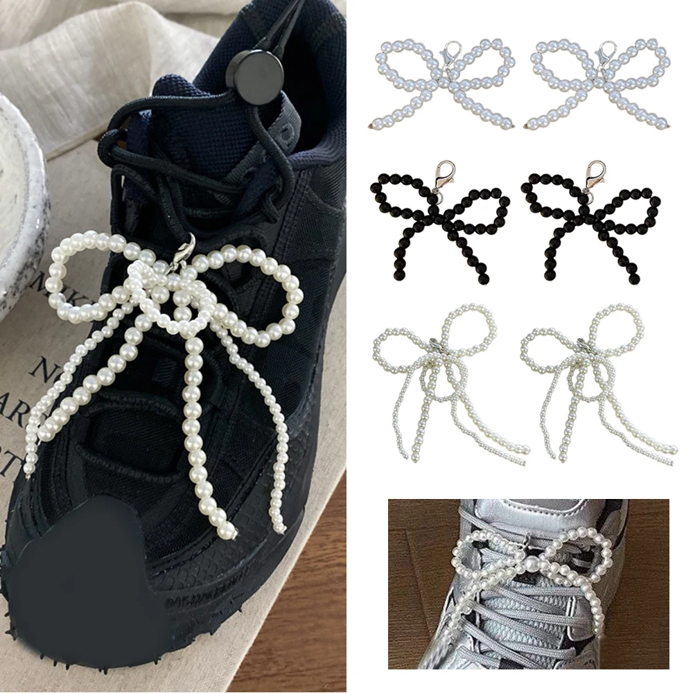 Handmade Bead Bowknot Charm Shoe Buckle Beautiful Bowknot Charm With Imitation Pearl Beaded Shoelaces Clips Shoes Accessory