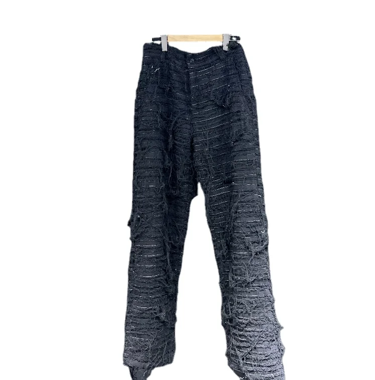 

Black Frayed Cotton Thread Jeans Autumn and Winter New Thickened Warm Straight Distressed Ragged Trousers Niche Design