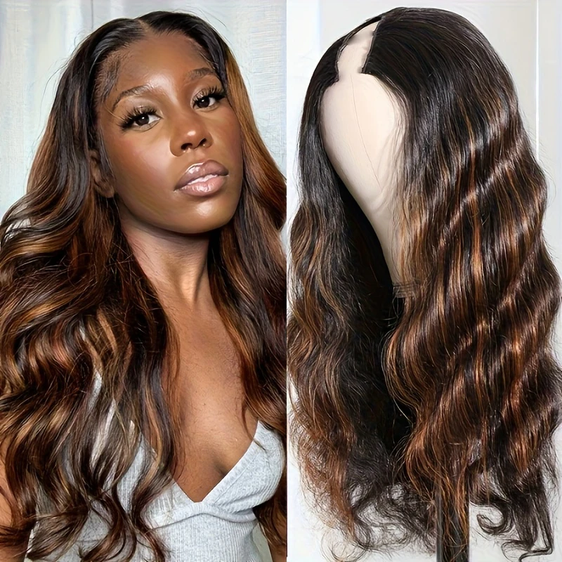 

V Part Wig Human Hair Body Wave 1B/30 Highlight Ombre Wigs for Black Women Wear and Go Glueless Human Hair Wig 200% Density