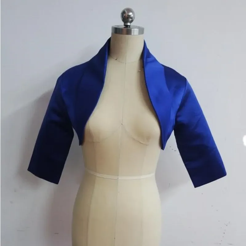 Customized  2024 Royal Blue Women Satin Wedding Jacket Fall New Three Quater Sleeves Unique Collar Bridal Bolero / Shrug