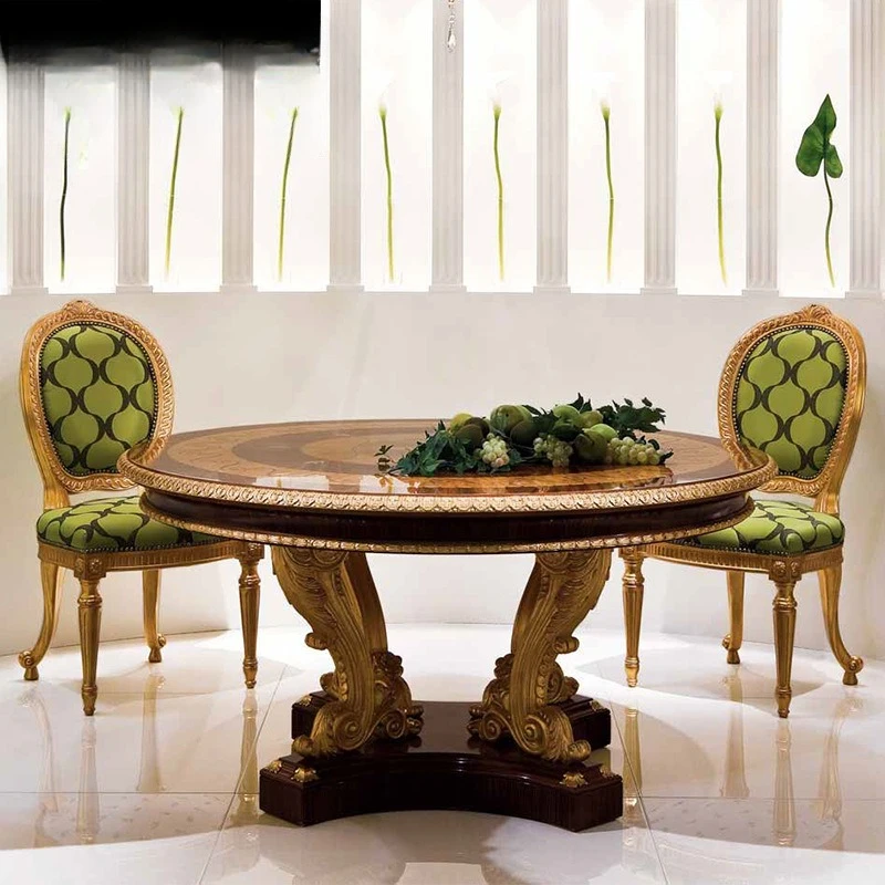

European-style villa dining room furniture carved round dining table large-sized dining table and chairs