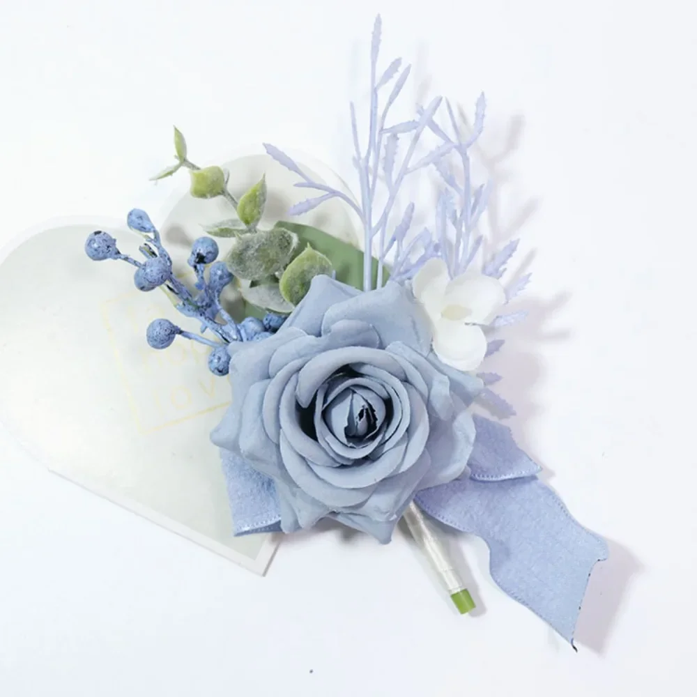 Azul Rosa Artificial Flores para Homens, Acessórios Buttonhole Suit, Corsage pulso para casamento dama de honra