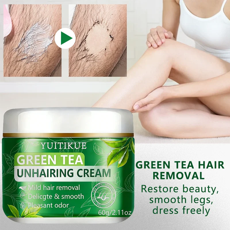 YUITIKUE Green Tea Unhairing Cream | Mild Hair Removal Formula | Delicate Smooth Skin & Pleasant Odor For All Skin Types 60g image 5