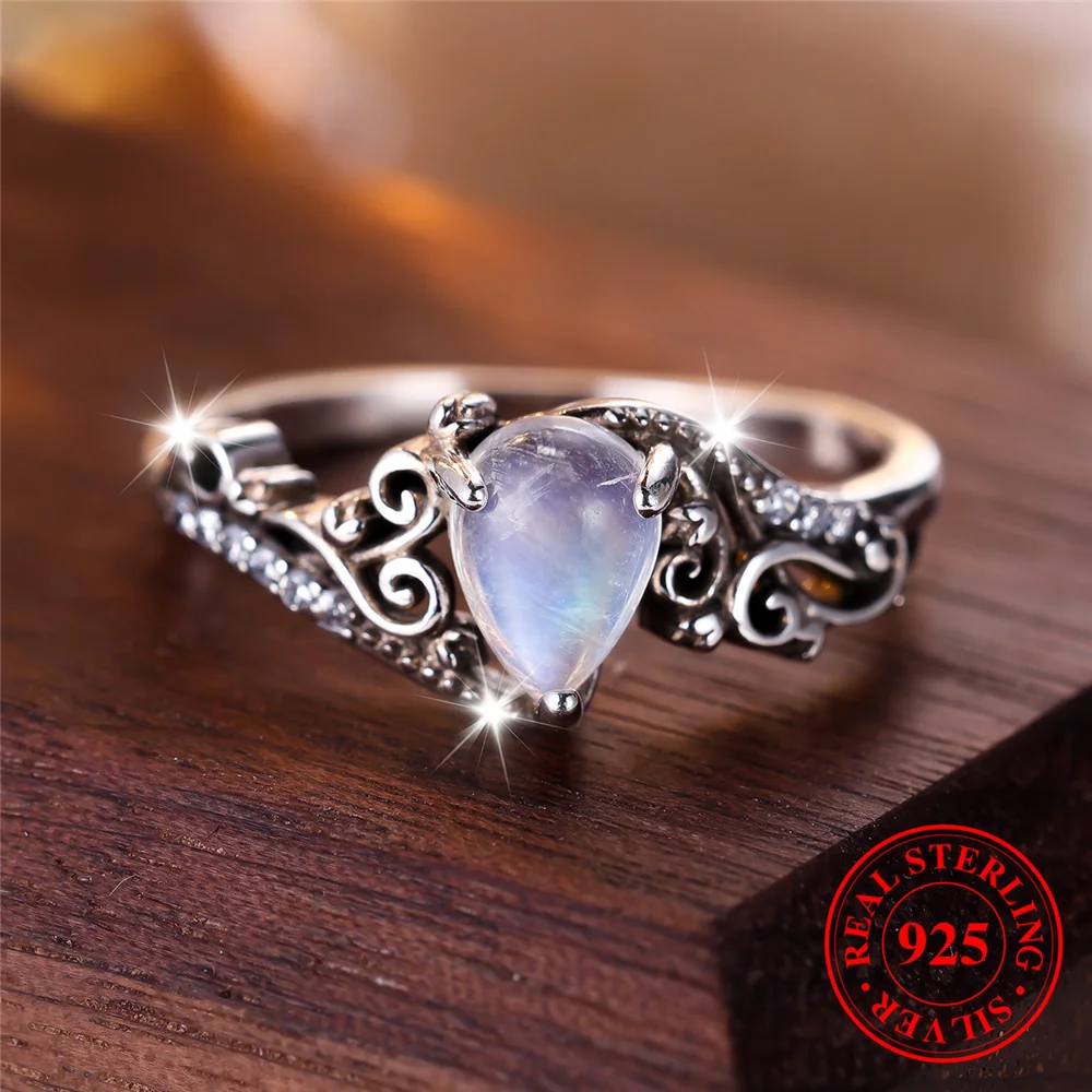 Cute Female Small Nature Moon Stone Leaf Ring Vintage Real 925 Sterling Silver Wedding Jewelry For Women