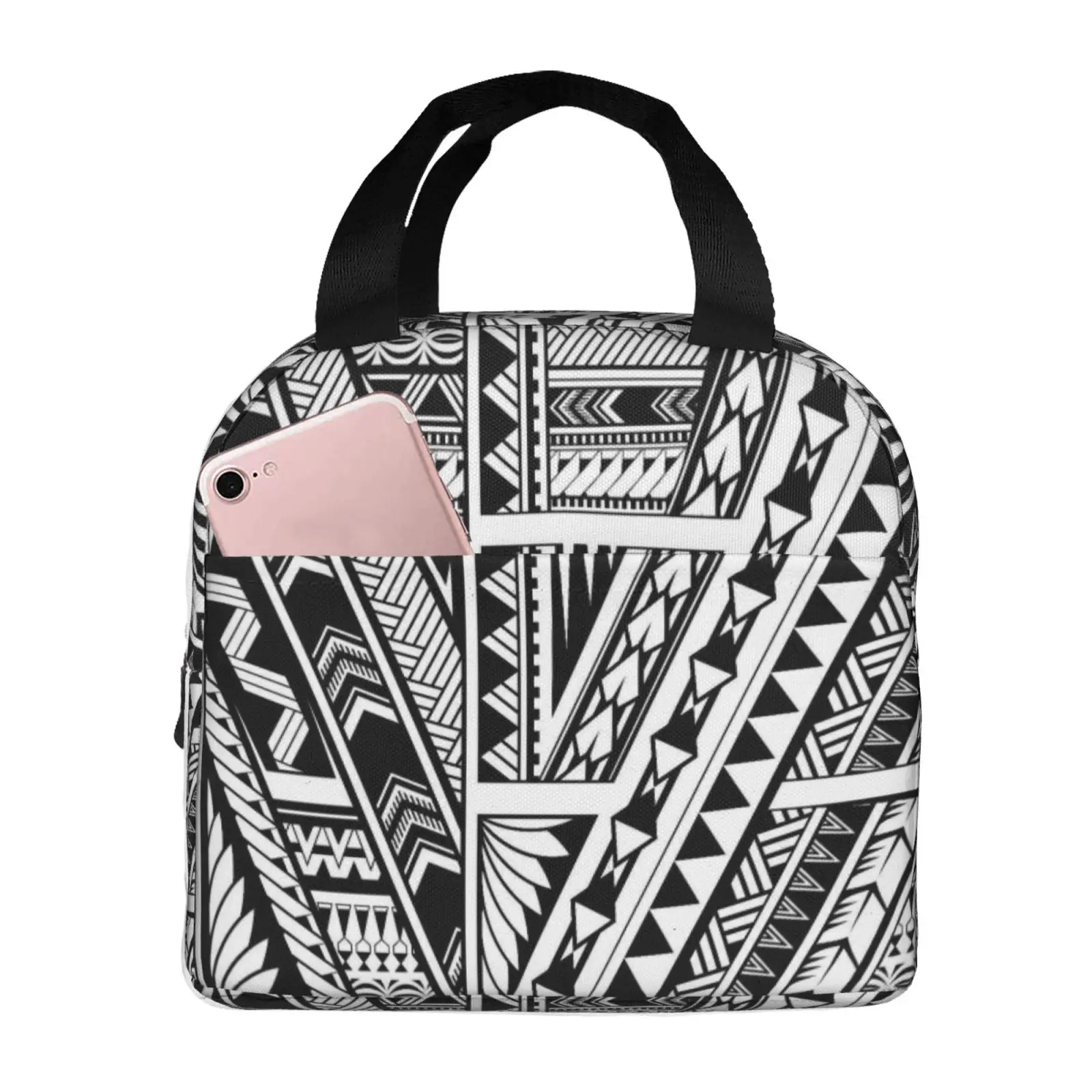 Polynesian Ethnic Style Sleeve Tattoo Lunch Tote Bag Insulated Leakproof Lunch Box Container with Front Pocket for Girls Boys