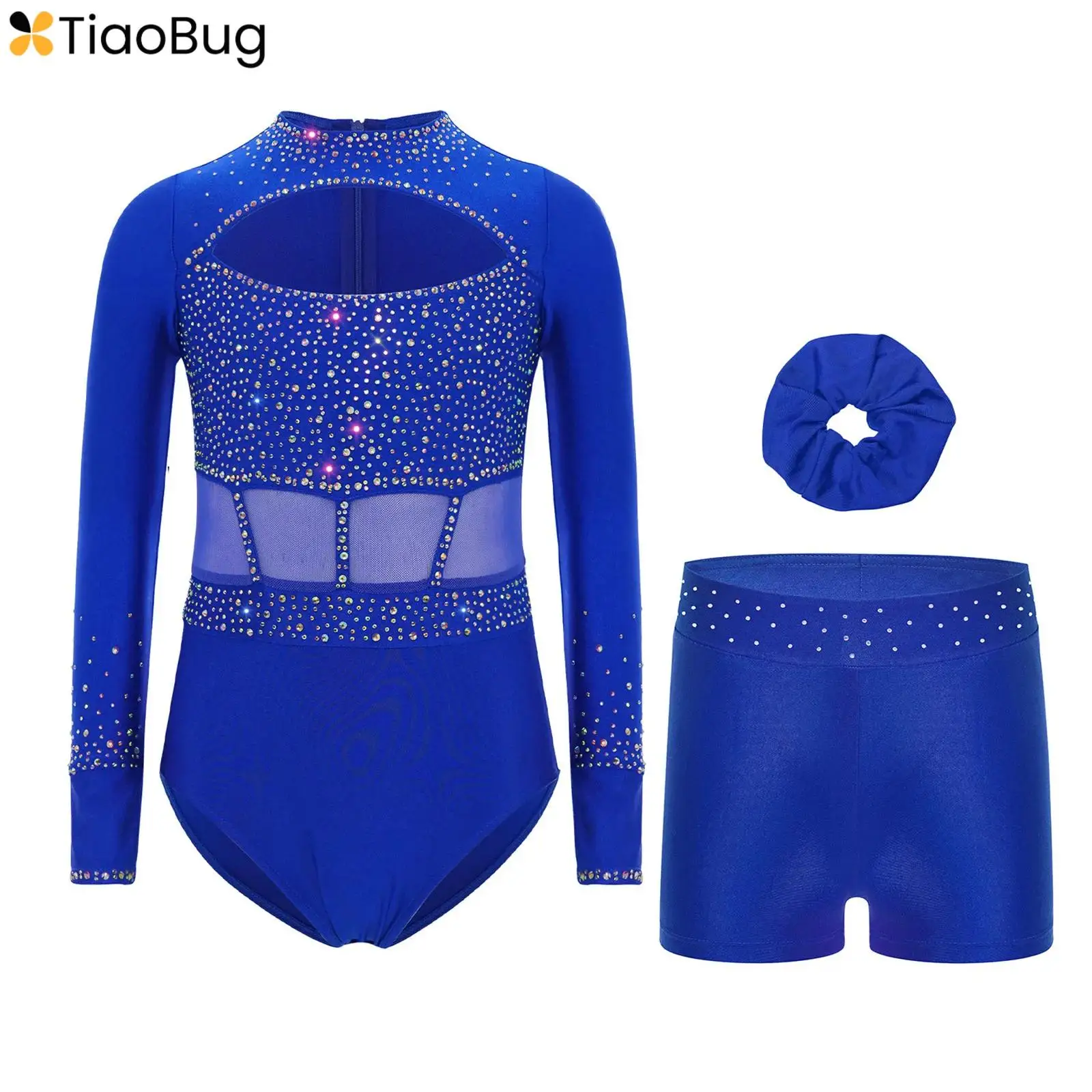 

3Pcs/Set Kids Girls Gymnastics Ballet Dance Bodysuit Outfit Long Sleeve Cutout Front Shiny Rhinestones Leotard+Shorts+Headwear