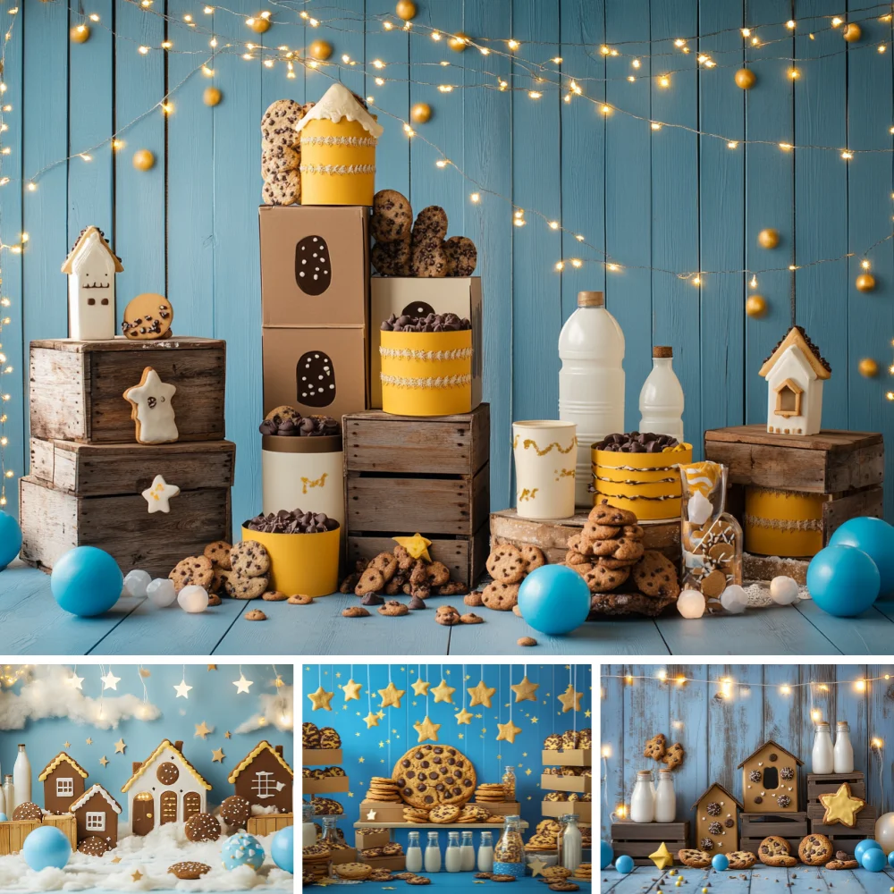 

Photography Backdrop Happy Birthday Party Cookie Blue Wooden Background Decor Background Kid Portrait Cake Smash Photo Banner