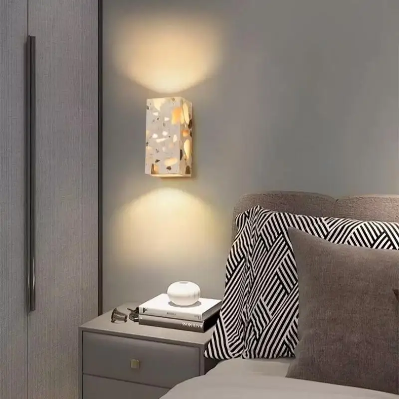 

Retro Homestay Bedside Lamp Square Terrazzo Square Wall Lamp Home Room Decoration Apartment Bedroom Bedside Led Small Lamp
