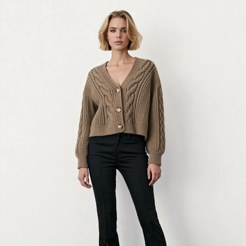 Nova moda outono e inverno roupas femininas novo decote em v lanterna manga camisola elegante casual único breasted cardigan jaqueta