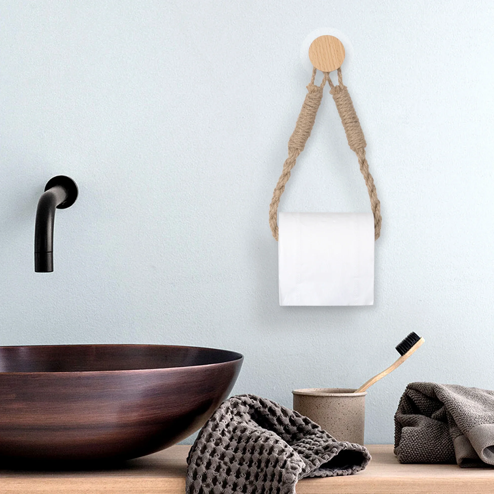 No punching  Woven hemp rope Paper Towel Holders Rack Bathroom Towel Hook Toilet Paper Holder Towel Rack Beige Hemp Color