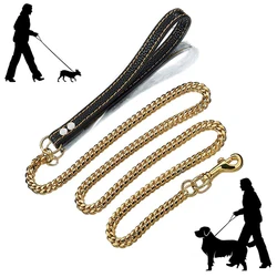 18K Gold Dog Leash Stainless Steel Metal Chew Proof Dog Lead Chain for Dogs Pet Traction Rope