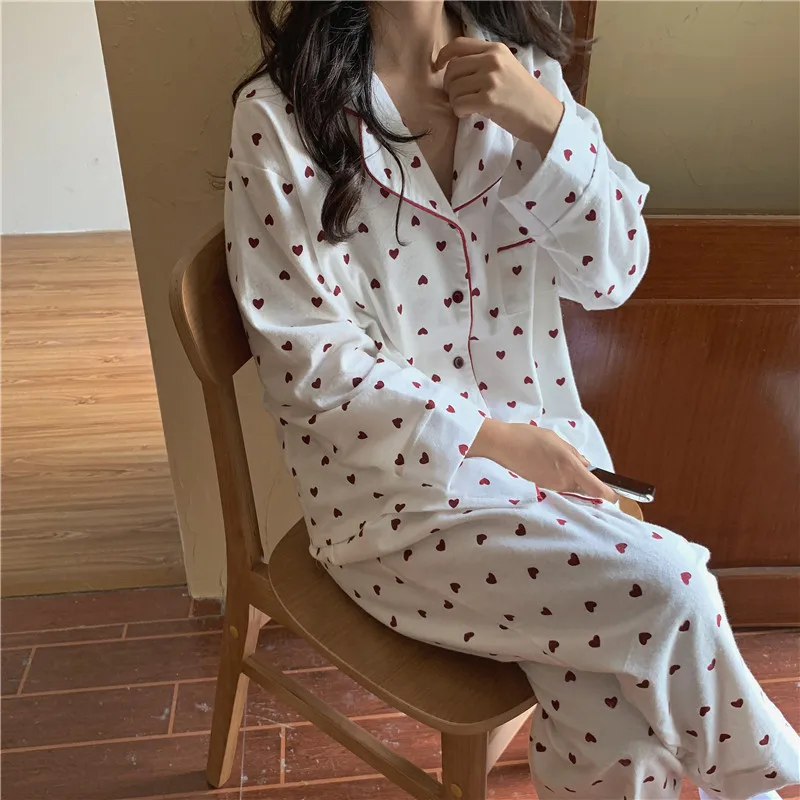 100% Cotton Women's Pajamas Sets Autumn Winter Sleepwear Heart Print Knitted Pyjama Ladies Pijama Mujer 2 Piece Pjs Homewear