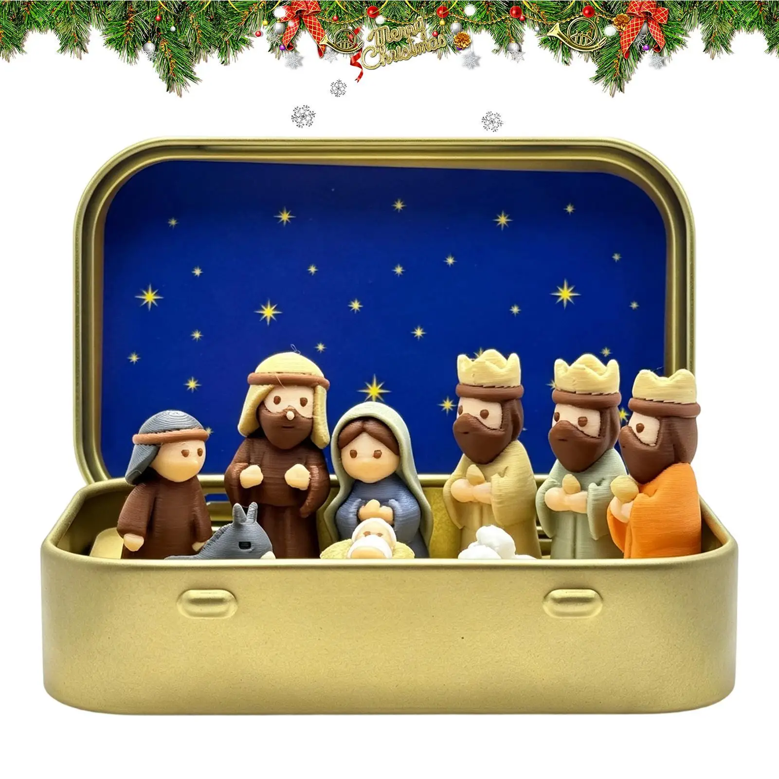 3D Printed Mini Christmas Nativity Set in Tin Box Jesus Birth Manger Nativity Scene Figurines Ornament Christmas Decorations