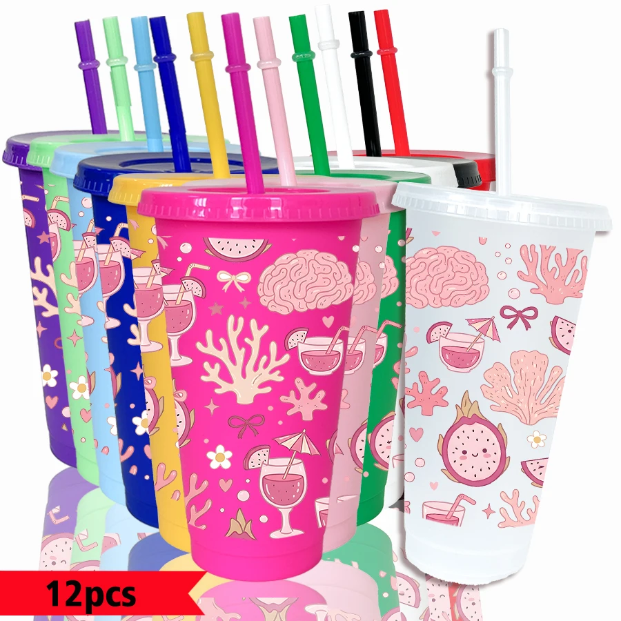 12pcs/pack Brain Hole Fruit Juice Coral Pattern 26oz Colored Plastic Party Cold Drink Cup for Back-to-school Birthday Gift