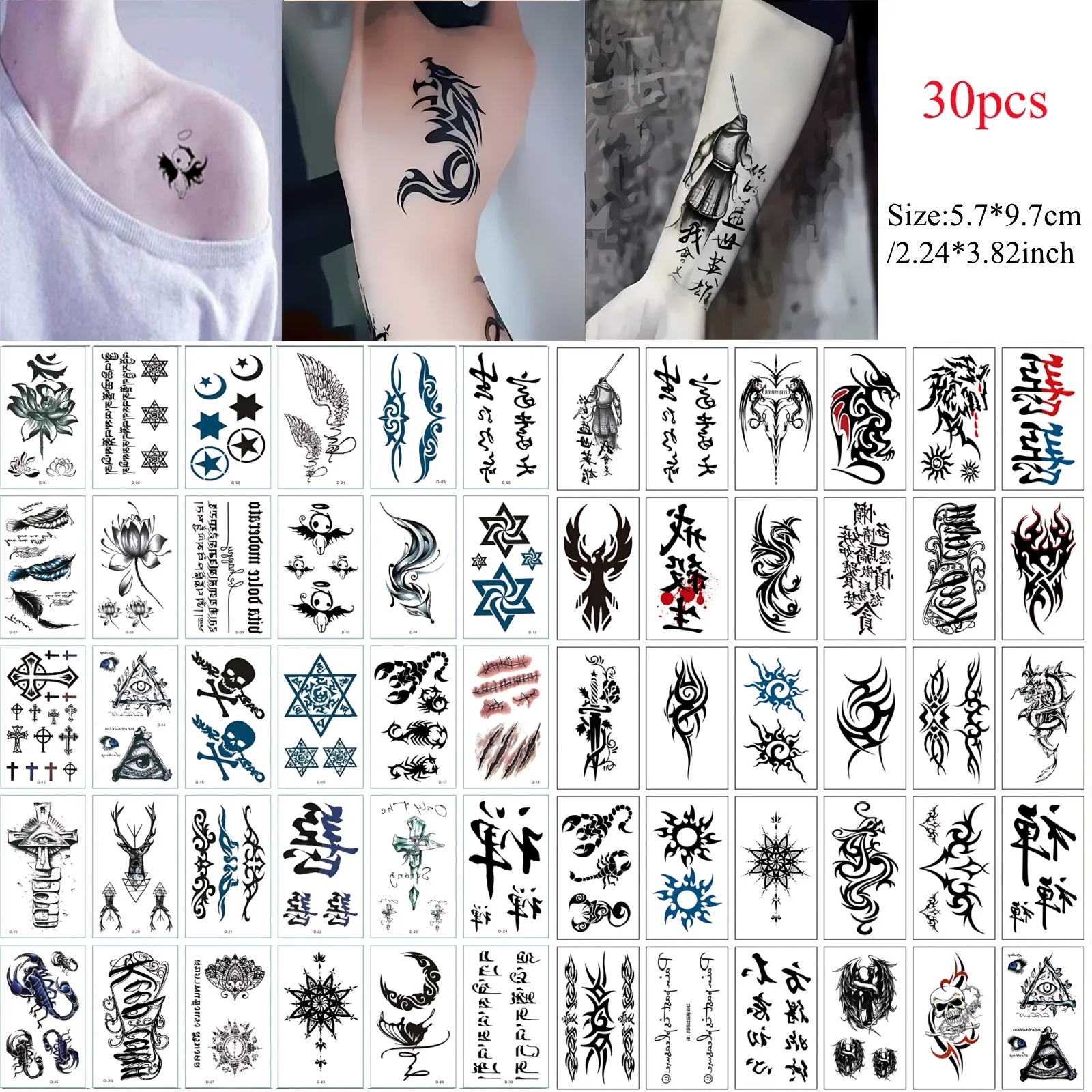 Autocollants de tatouage de transfert d'eau pour hommes adultes, décalcomanies adhésives, anneau de personnalité, aile de totem, lettre chinoise, scorpion, ange, ensemble de 60 pièces