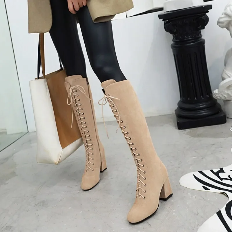 Oversize Large size Big size High quality autumn and winter women\'s shoes Square toes Thick Heel Lace-up cowboy boots