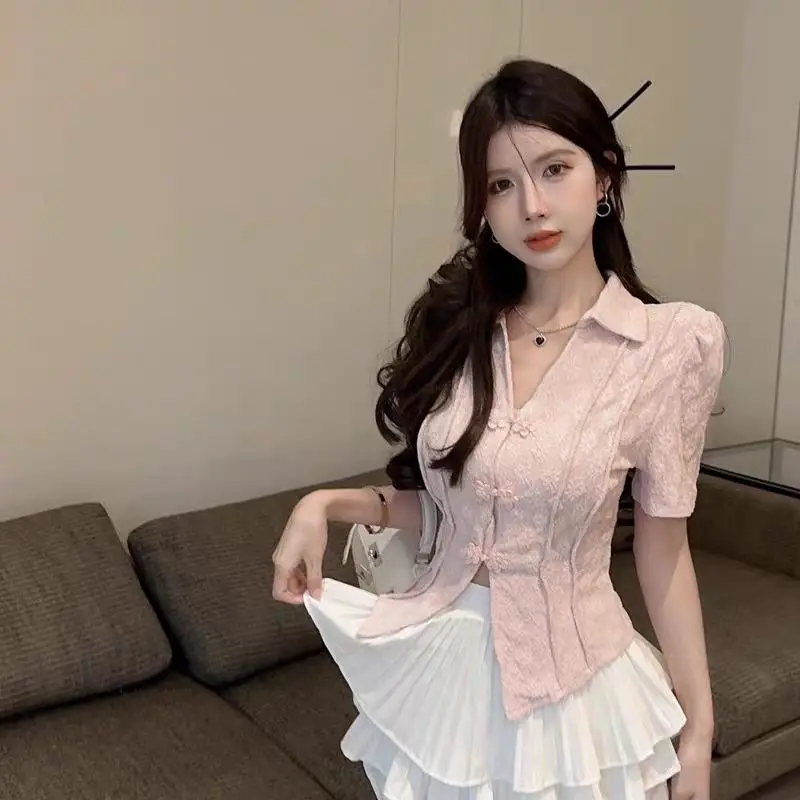 

Chinese Style Knot Button Waisted Slim Short Sleeve Shirt Women Sweet Mini Pleated Cake Skirt Summer Dobby Retro Two Pieces Set