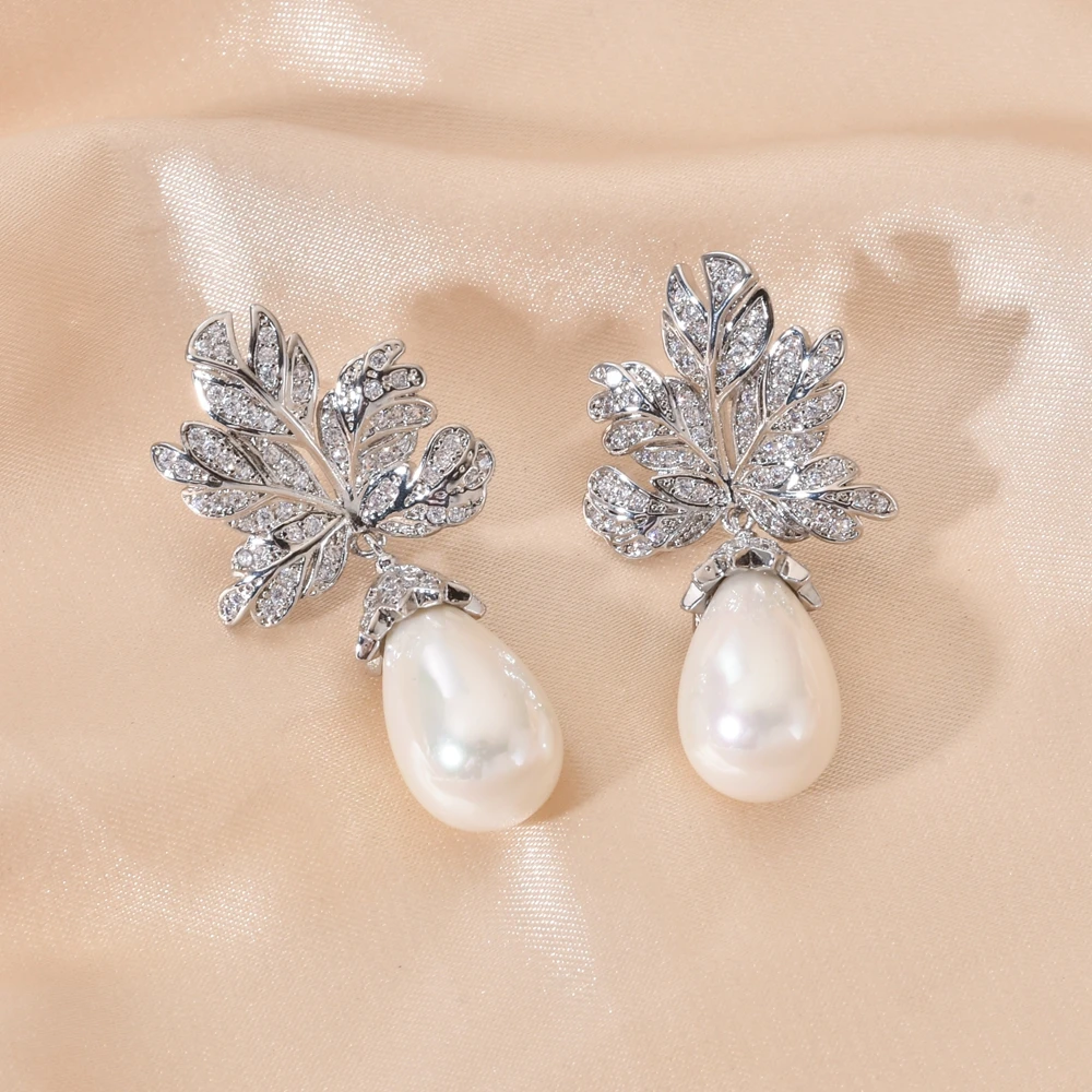 New Fashion Temperament Elegant Leaf Drops Pearl Zircon Earrings for Women/Girls New Bride Jewelry Gifts ER-639