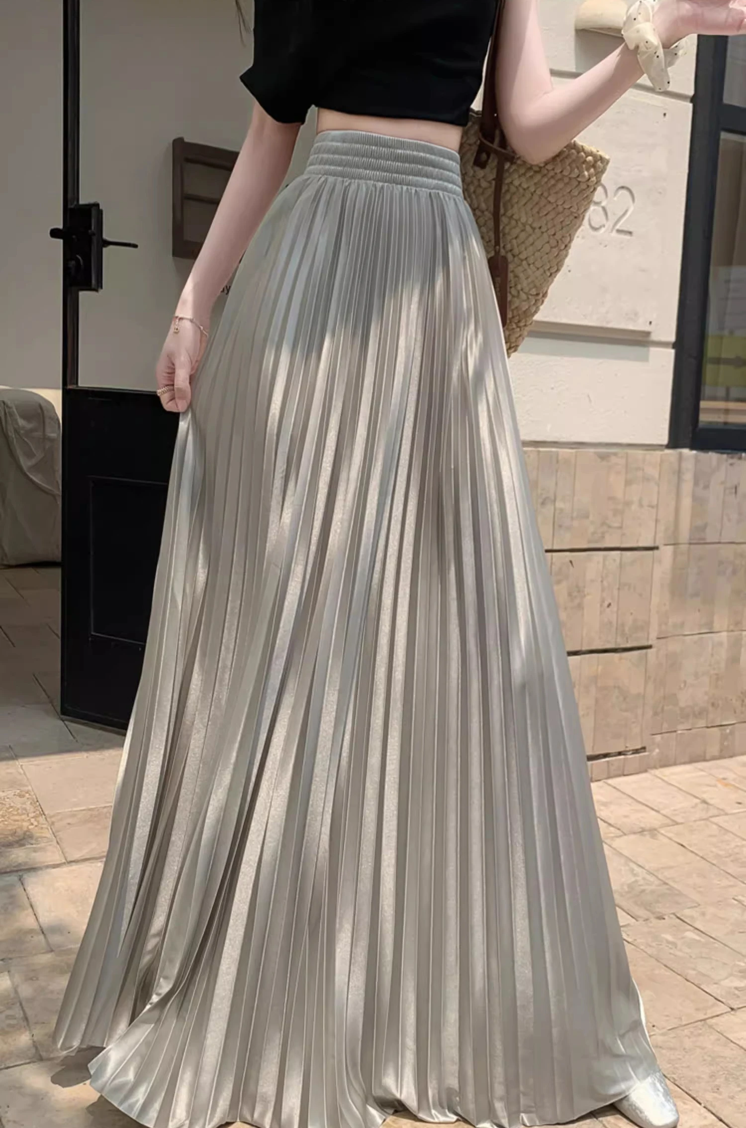 2025 98cm Basics Maxi Pleated Skirt for Women New Korean Casual All-match Solid A Line High Waist Long Maxi Skirt Female