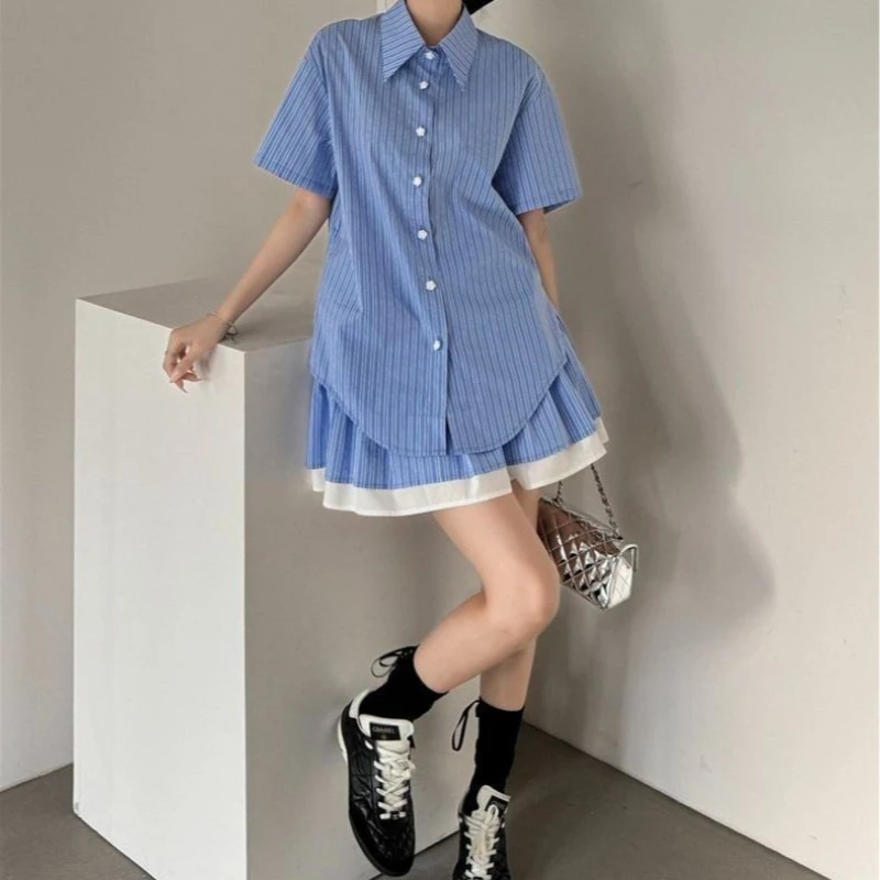 2026 Summer Design Sense Striped Short Sleeved Loose Shirt Top A-line Short Skirt Two-piece Set