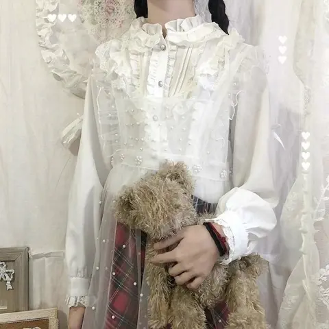 Japansk stil söt casual vit skjorta toppar lolita flickor blusar elegant spets volanger långärmad blus stående krage kvinna 12 best sales vit lolitablus - №1