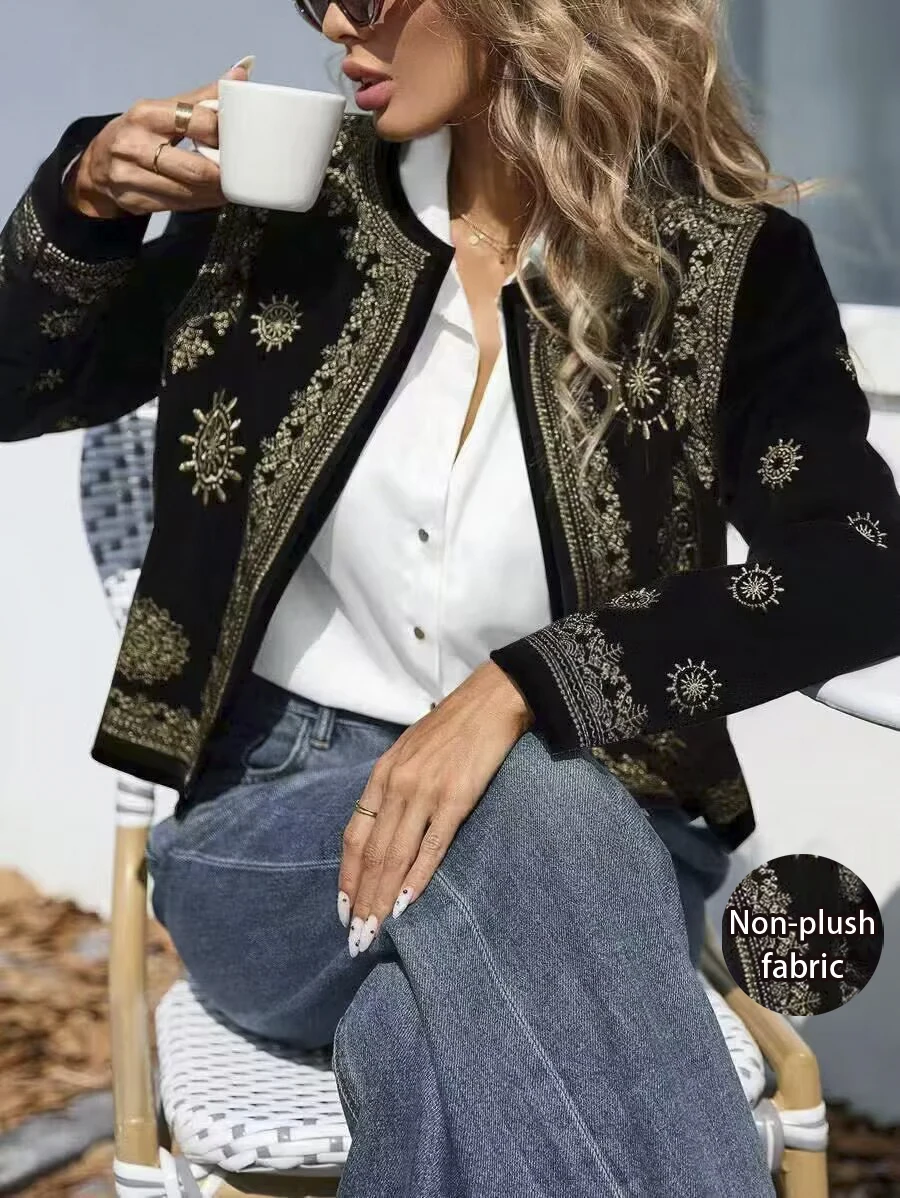 Women's Spring and Autumn Fashion Paisley Pattern Printed Casual Long Sleeve Jacket