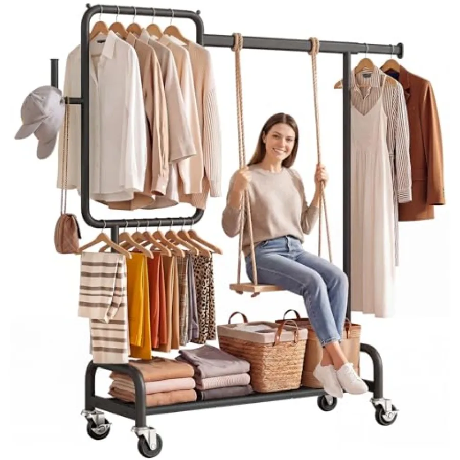

Heavy Duty Partitioned Clothes Rack 460 LBS Load Metal Garment Rack with Shelves and Lockable Wheels Rolling Hanging Rack for B