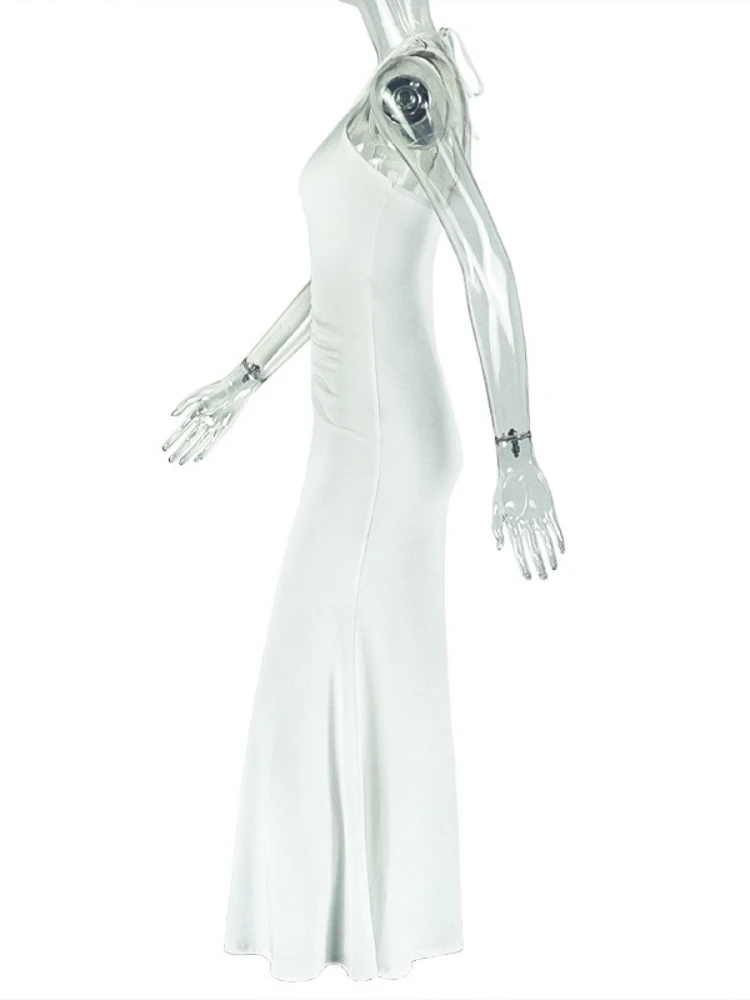 SsTss Elegantes ärmelloses langes Damenkleid, solides Ausschnitt-Detail, Neckholder, rückenfrei, gerüscht, schlank, High Street, Club, Partykleid