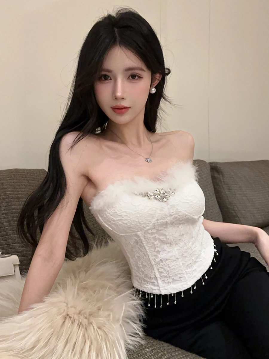 Sexy Short Sexy Backless Furry Tube Top Vest Advanced Sensation Diamond Embedded Slimming Trendy Outerwear Breathable Casual