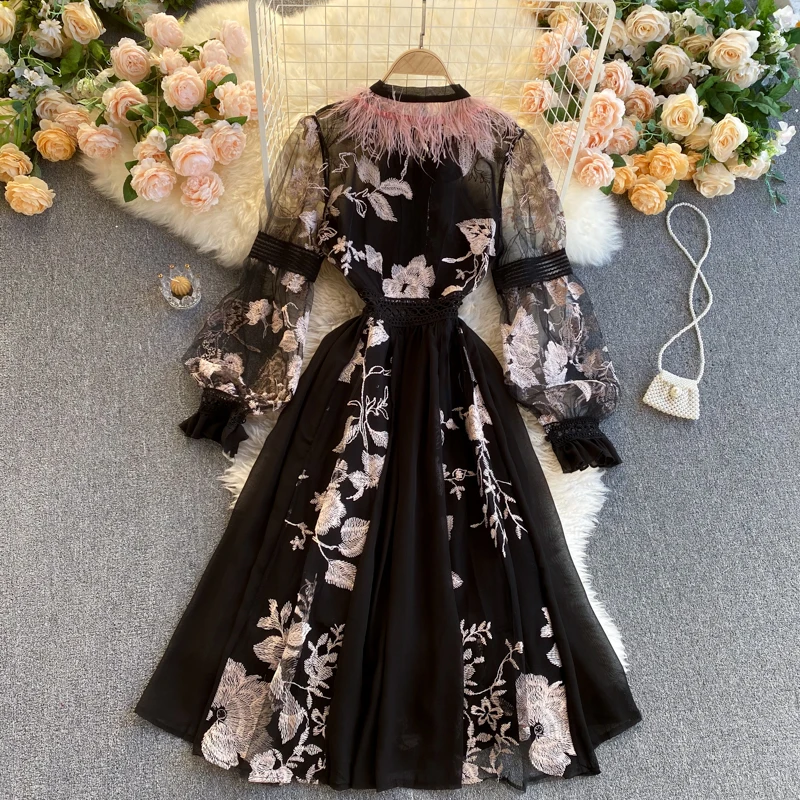 2023 Spring Autumn Zipper Embroidery French Retro Style Lapel Waistband Slim A Line Mesh Lace Dress Elegant Women Clothing