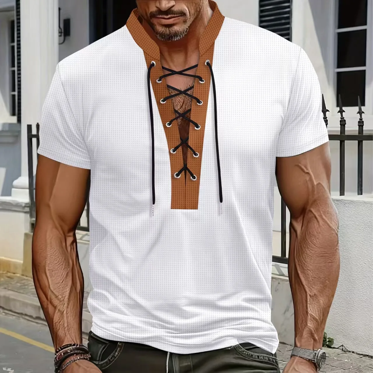 New Men's Waffle Light Casual Brown Splicing Rope Crew Neck Short Sleeve T-Shirt Top