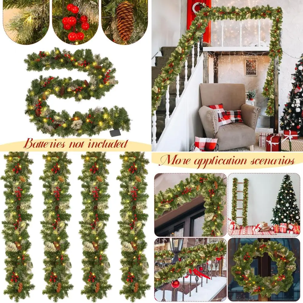 

9-футовая предварительно освещенная рождественская гирлянда с сосновыми шишками и красными ягодами для внутреннего и наружного украшения