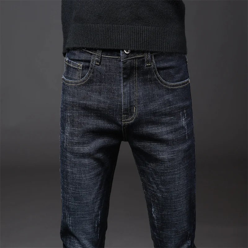 2024 Spring Autumn Brand Men's Straight Micro Elastic Blue Jeans Classic Pants Simplicity Fashion Streetwear Male Denim Trousers