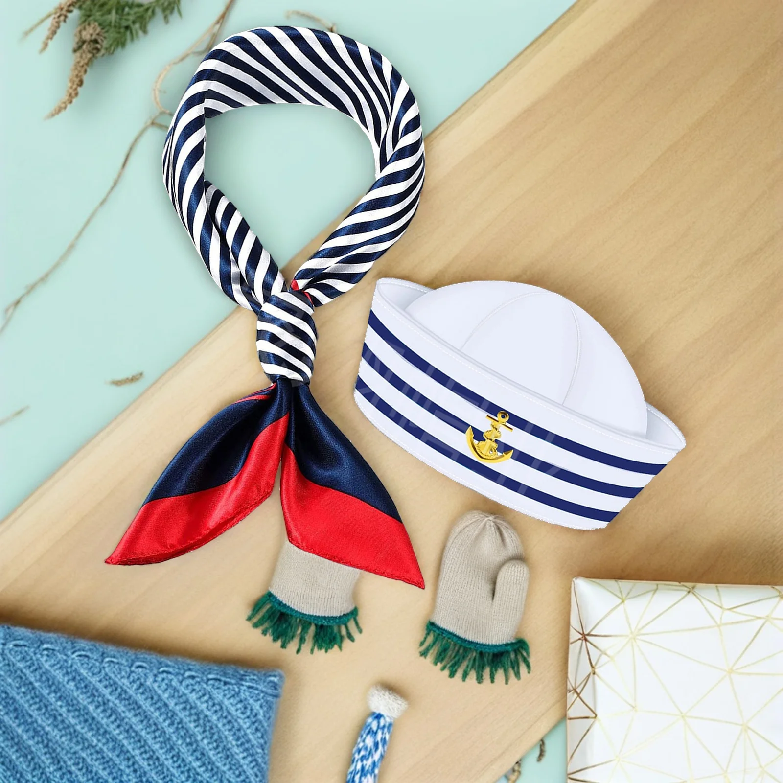 Zestaw: szal marynarski i czapka, strój w stylu żeglarskim, akcesorium do cosplayu, na Halloween, Boże Narodzenie, kostium marynarski.