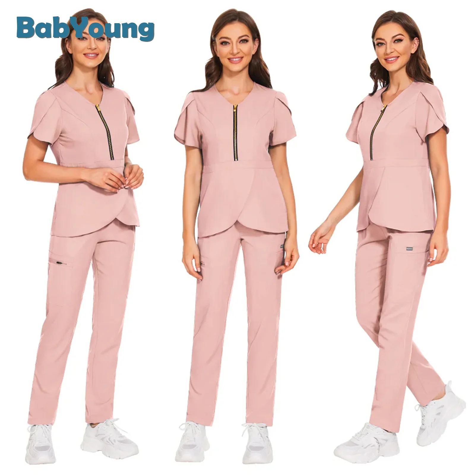 Wholesale Medical Nursing Scrubs Suit Women Blouse Short Sleeved Nurse Working Uniforms Solid Color Pet Veterinary Work Clothes