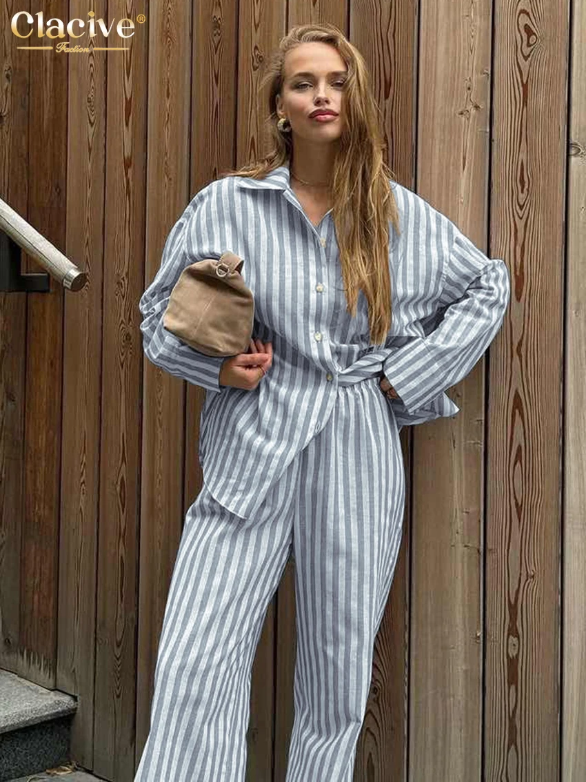 Clacive Fashion Loose Stripe Cotton Trousers Sets For Women 2 Pieces Elegant Long Sleeve Shirt With High Waist Wide Pants Set