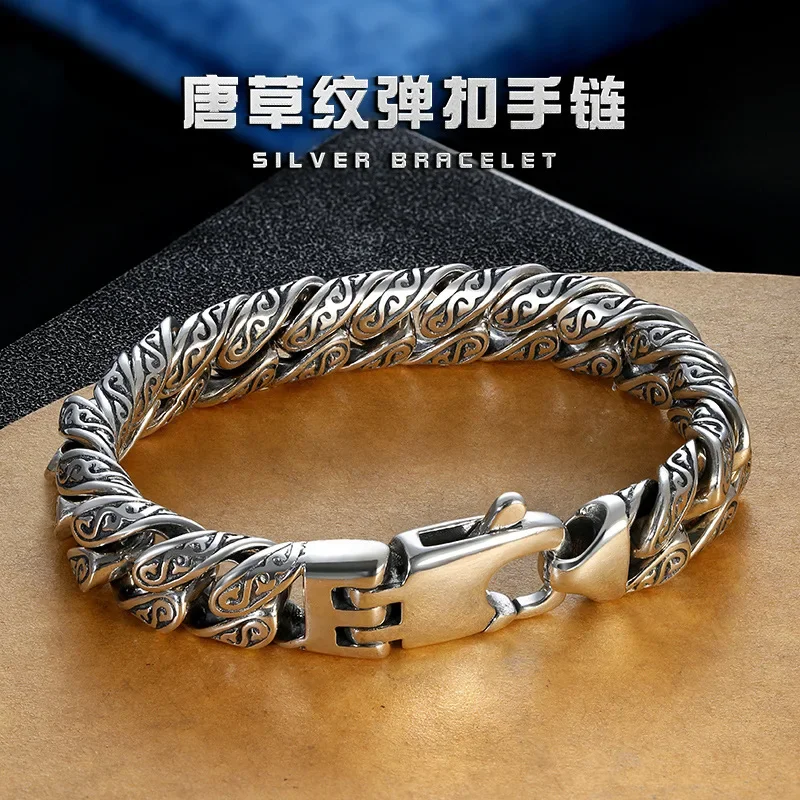 

High-grade Personality Tang Cao Grain Bracelets Men's Pure Silver Coarse Style Hip-hop Boys Hip-hop Street Fashion Folk Style