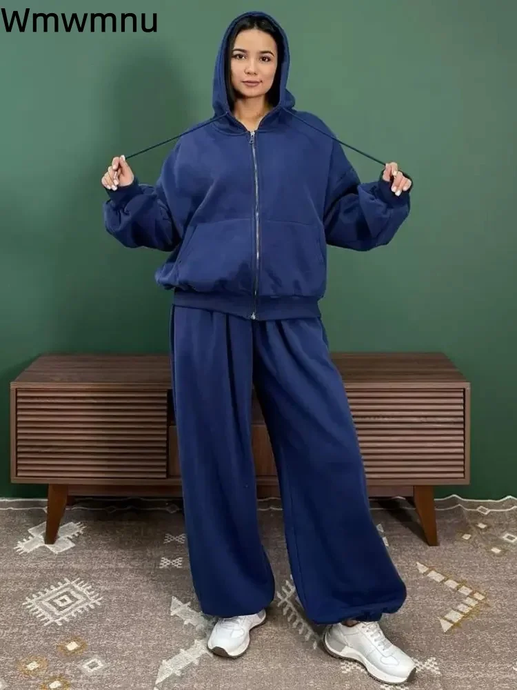 المرأة عارضة سستة عرق Conjuntos الكورية الأزياء الفضفاضة مقنعين فرقة فضفاضة مرونة مستقيم السراويل الرياضية 2 قطعة مجموعة #1