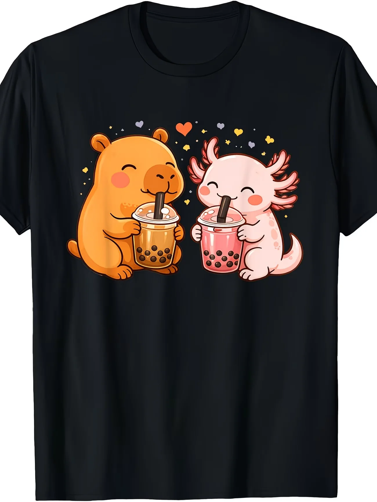 Kawaii Capybara Axolotl Drinking Bubble Tea Graphic T Shirt Men Women Summer Short Sleeve Casual Harajuku Anime Unisex Tee Tops