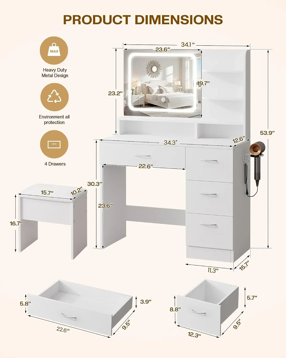 LIVELYGLOW White Makeup Vanity Desk with Charging Station & 4 Drawers | Smart LED Mirror, Cushioned-Stool, Hairdryer Rack