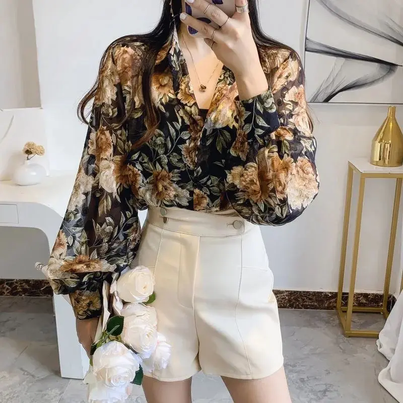 

Floral Print Chiffon irt Women's Lantern Sve Turn-down Collar Summer New Sle Retro Air Conditioning irt TT1426