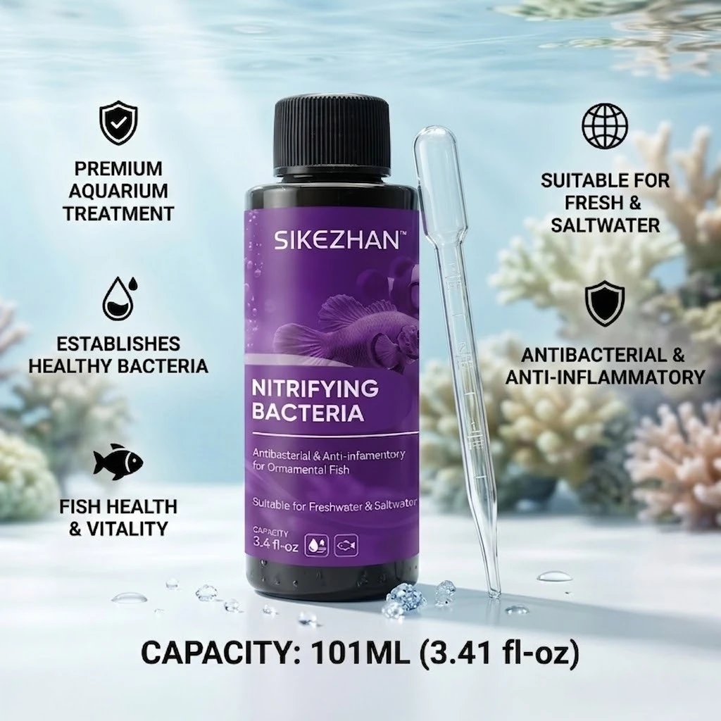 SIKEZHAN Fischkrankheitsbehandlung & Nitrifizierende Bakterien, Entzündungshemmendes Aquarium-Mittel für Süß-/Salzwasser mit 2ml Pipette