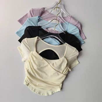 Traje de Yoga de malla francesa avanzada para mujer, Top de Pilates, ropa deportiva de manga corta con almohadilla en el pecho, camiseta de Fitness de estilo corto