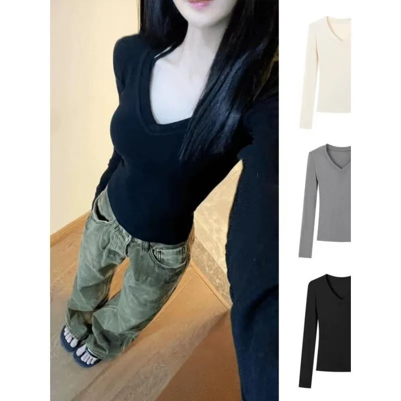 Frühling Herbst Studenten Slim-Fit Langarm-Unterhemd Damen Mädchen V-Ausschnitt Innen-T-Shirt Frauen Casual Top Damen Sport-Unterhemd
