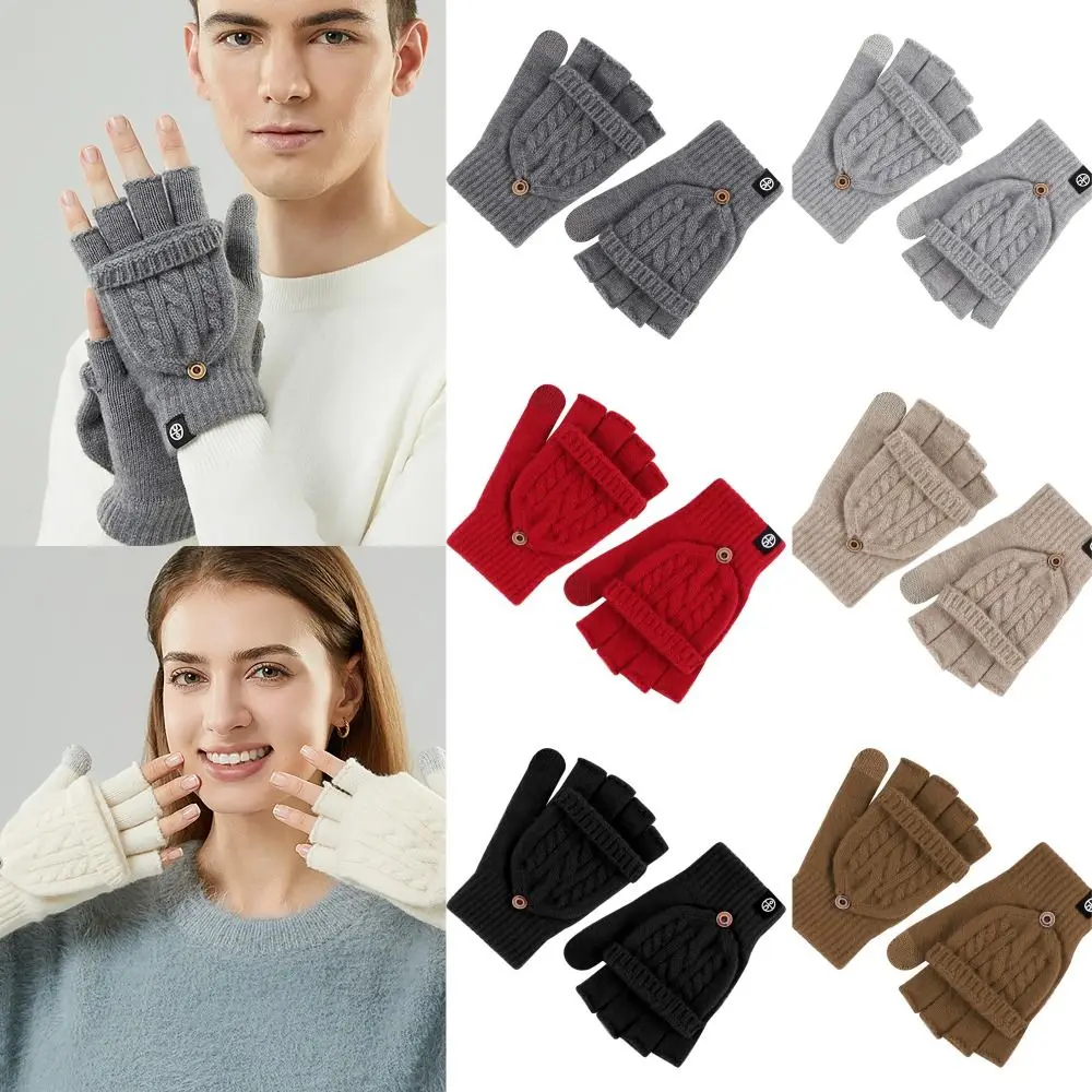 Wool Knitted Fingerless Flip Gloves Winter Warm Exposed Finger Finger Mittens Thickening Finger Free Gloves For Men Women Unisex